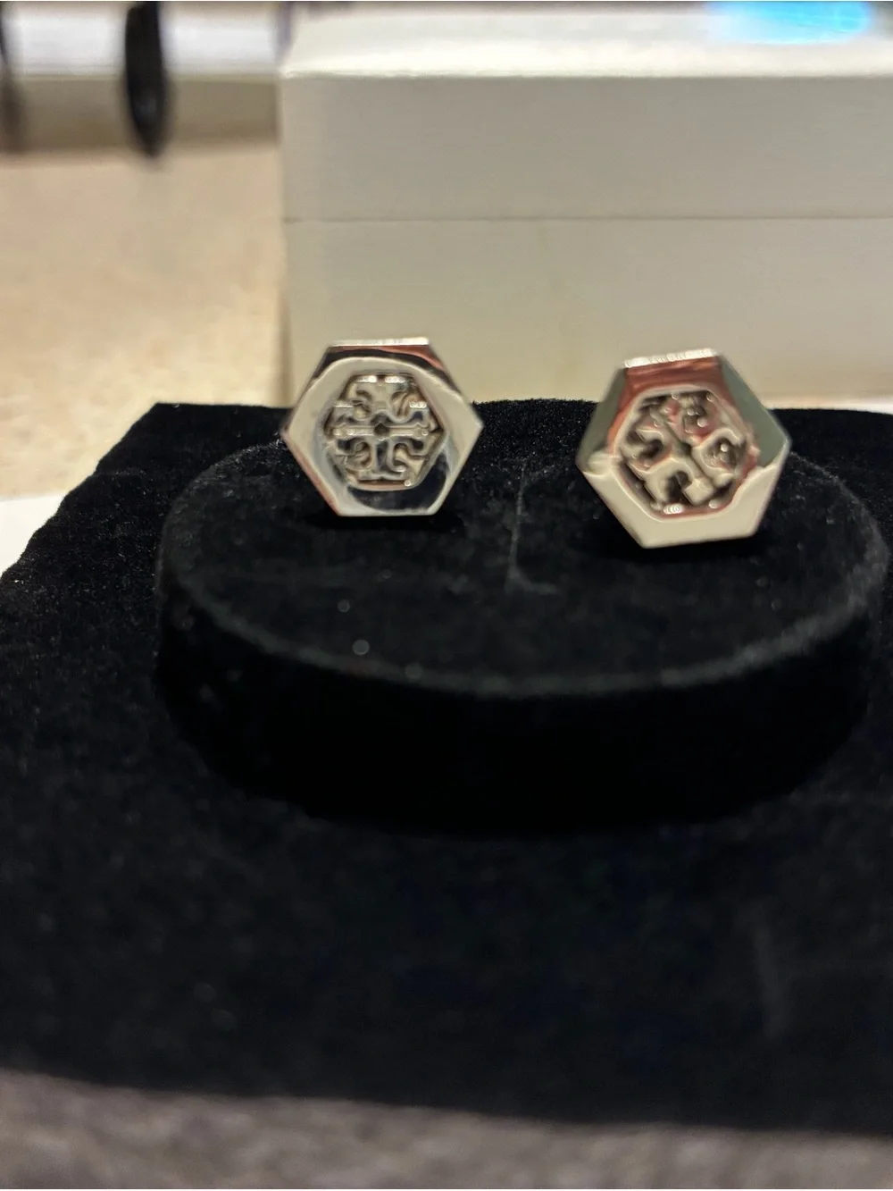 Tory Burch Silver Hexagon Logo Stud Earrings